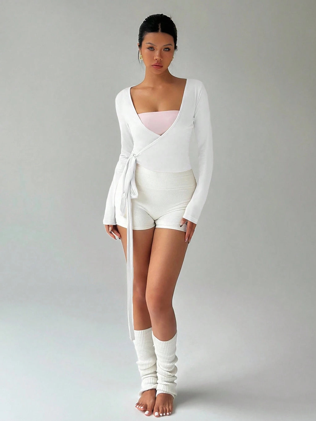 Favease Soft, High Elasticity Pink Yoga Fitness Sports Wrap V-Neck Long Sleeve Crop Top, Fashion, Casual, Elegant All-Match Essential Design for Women, Spring & Autumn Fall Cloth for Women