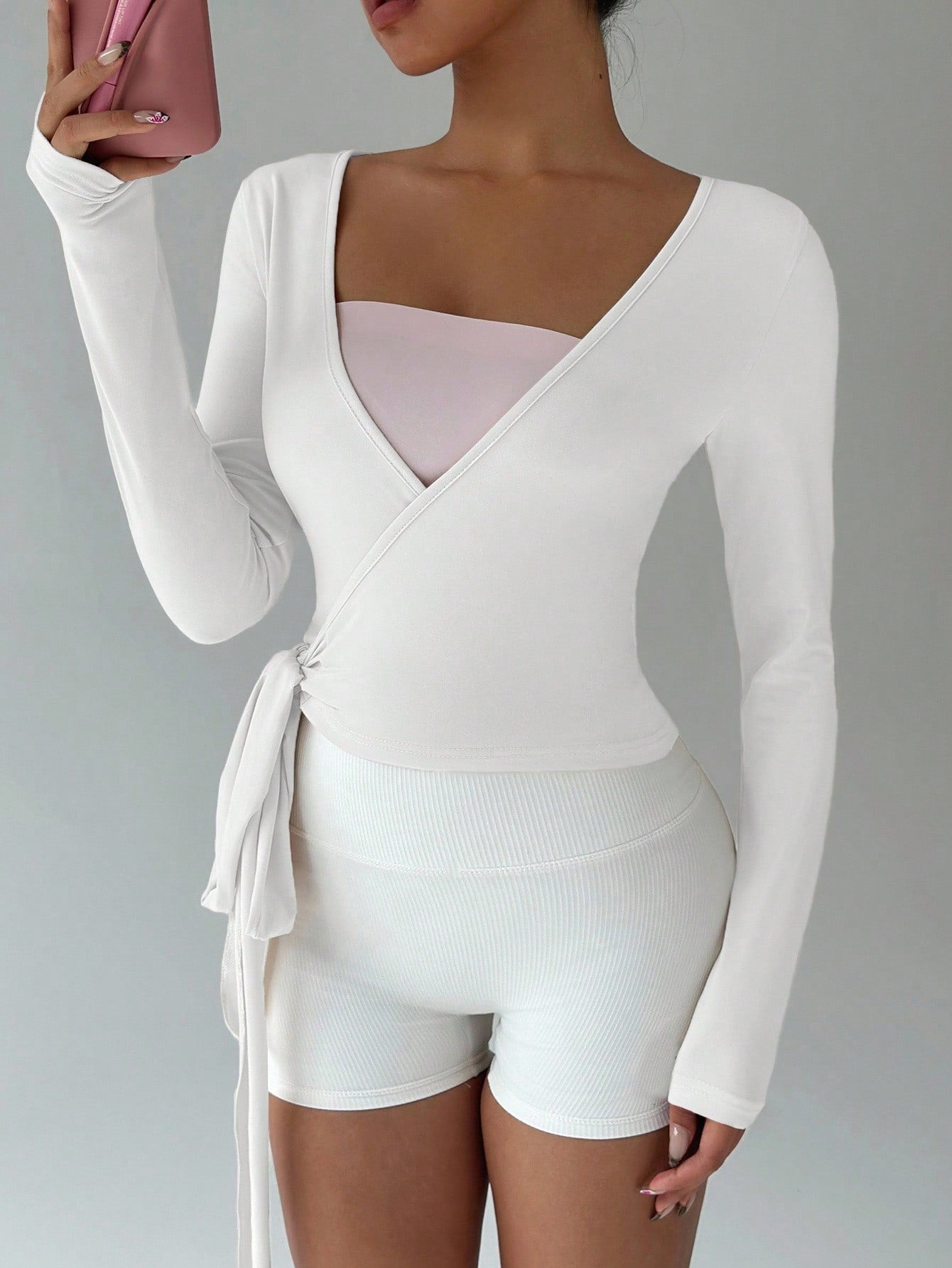 Favease Soft, High Elasticity Pink Yoga Fitness Sports Wrap V-Neck Long Sleeve Crop Top, Fashion, Casual, Elegant All-Match Essential Design for Women, Spring & Autumn Fall Cloth for Women