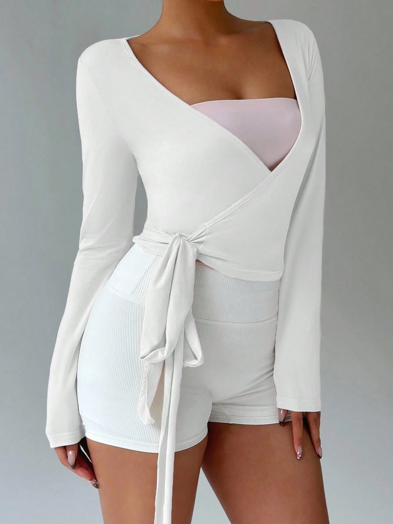 Favease Soft, High Elasticity Pink Yoga Fitness Sports Wrap V-Neck Long Sleeve Crop Top, Fashion, Casual, Elegant All-Match Essential Design for Women, Spring & Autumn Fall Cloth for Women