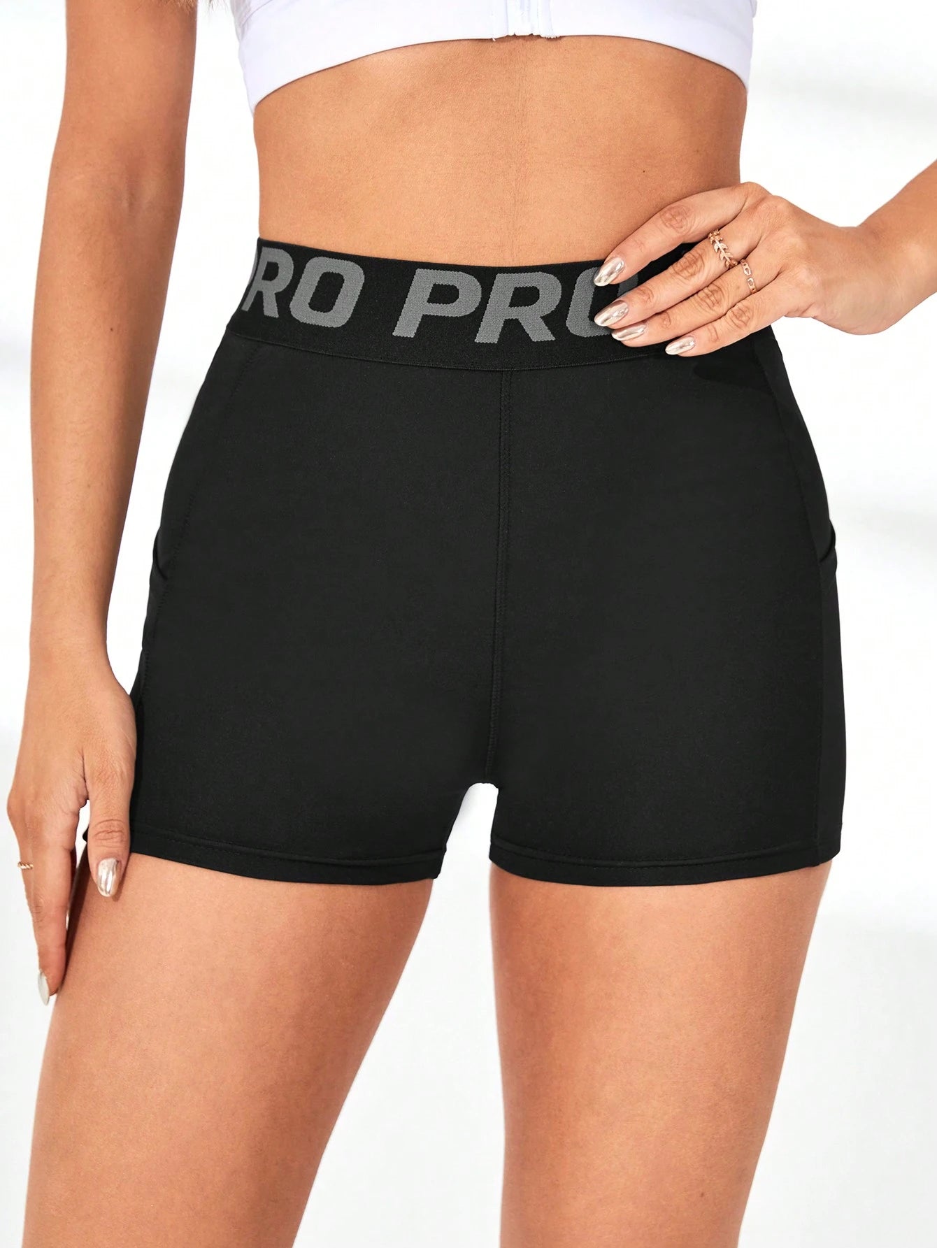 Eassivo High Waisted Slim Sport Shorts with Pockets and Letter Printed Drawstring for Women -Tummy Control Soft Butt Lifting Shorts for Running Cycling Yoga Pickleball Exercise Workout,Black