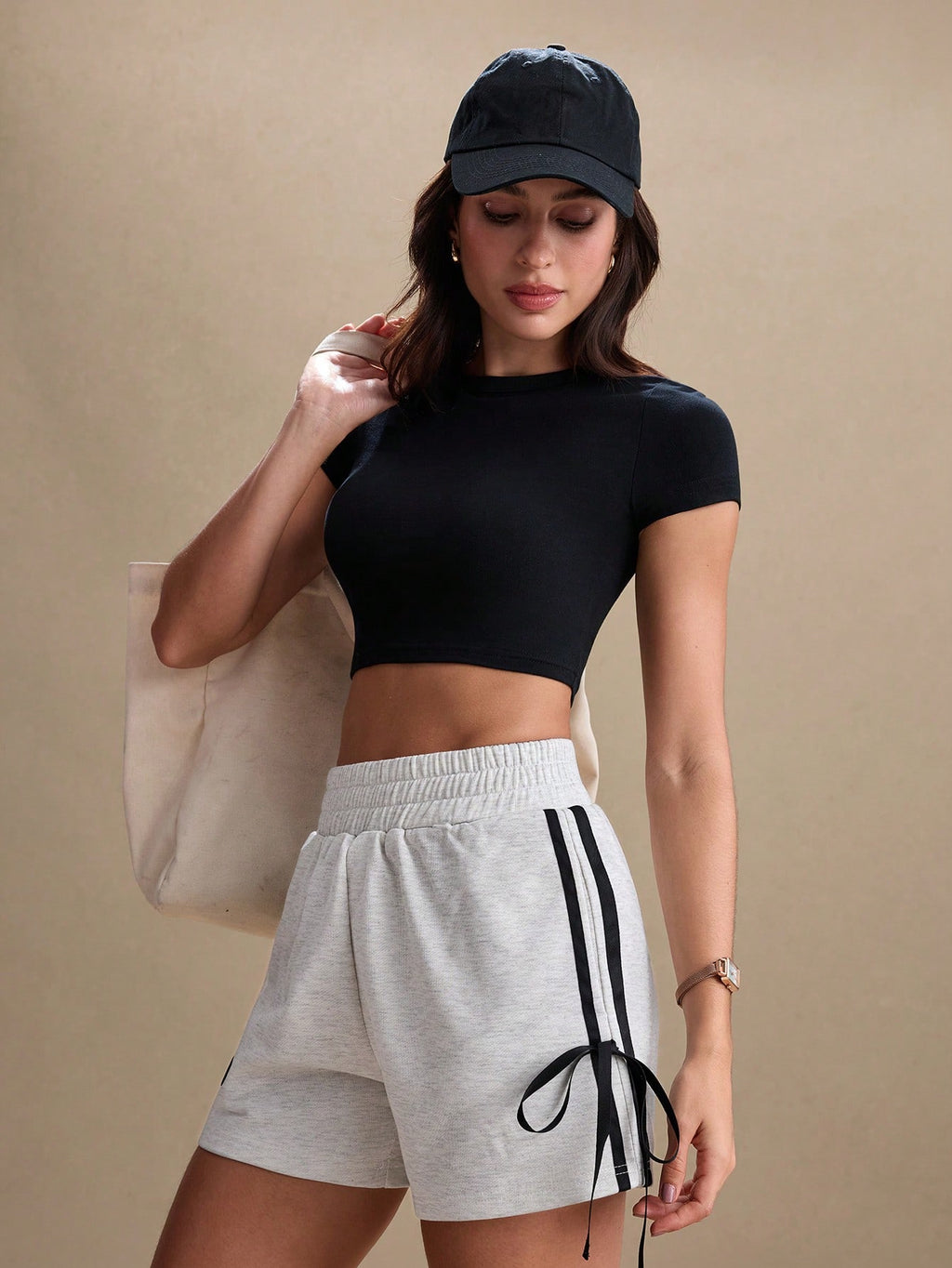 Women's Casual Sports Shorts with Elastic Waist and Contrast Binding, Bow Detail - Spring/Summer Collection