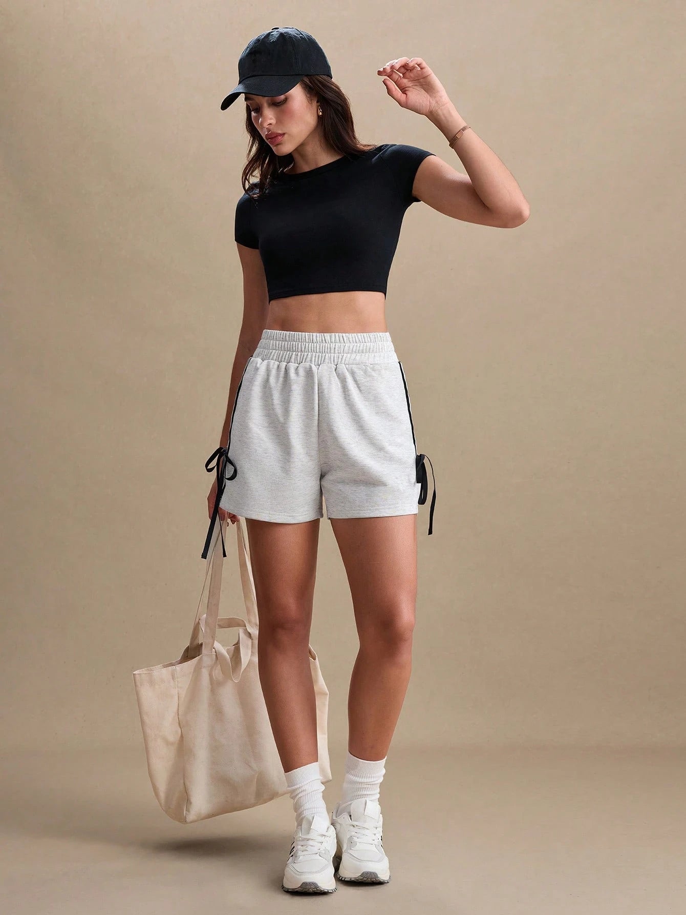 Women's Casual Sports Shorts with Elastic Waist and Contrast Binding, Bow Detail - Spring/Summer Collection
