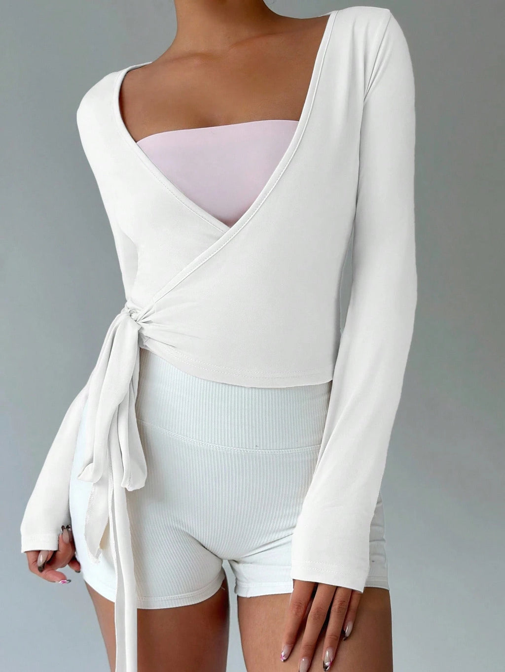 Favease Soft, High Elasticity Pink Yoga Fitness Sports Wrap V-Neck Long Sleeve Crop Top, Fashion, Casual, Elegant All-Match Essential Design for Women, Spring & Autumn Fall Cloth for Women