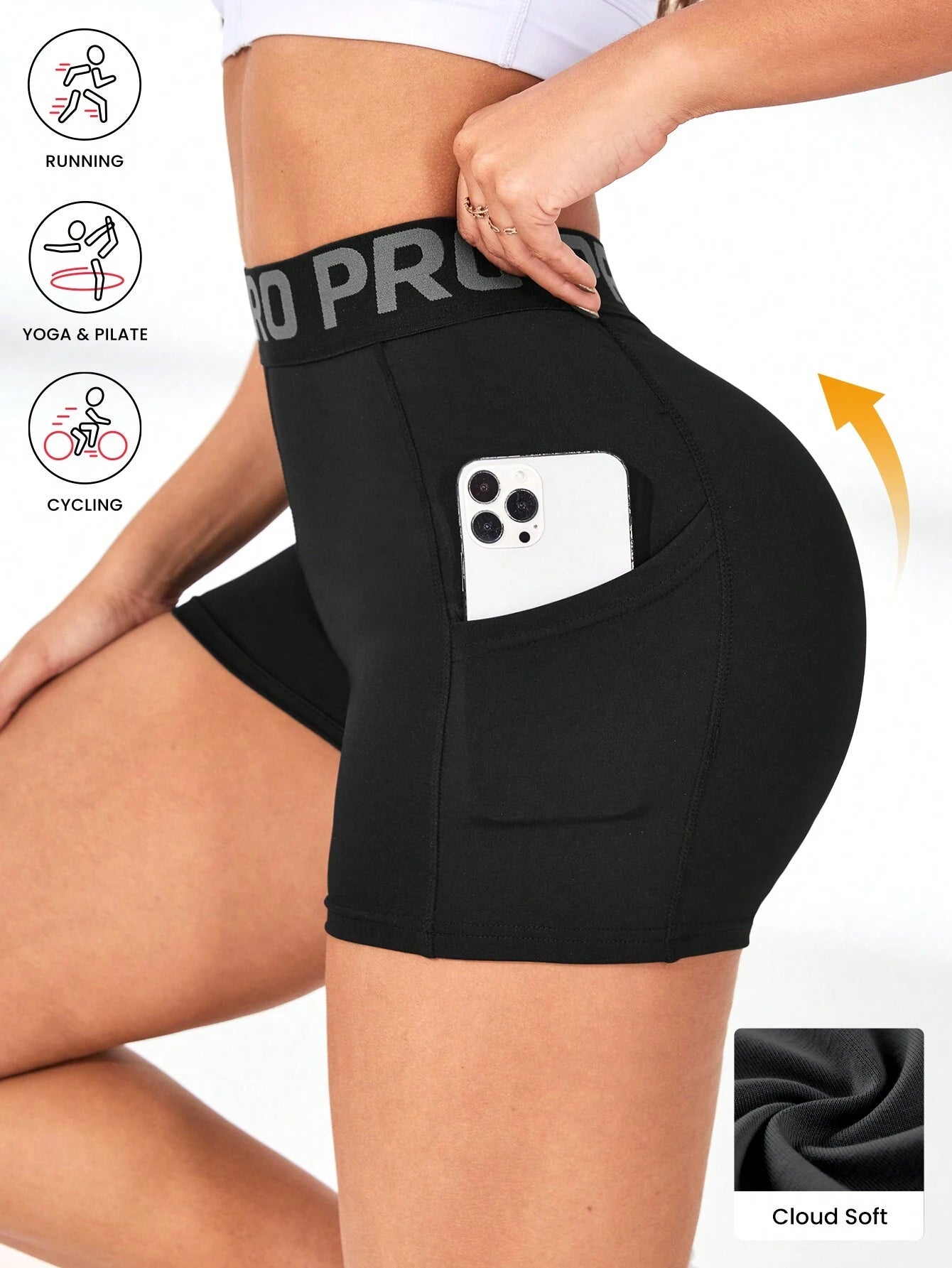 Eassivo High Waisted Slim Sport Shorts with Pockets and Letter Printed Drawstring for Women -Tummy Control Soft Butt Lifting Shorts for Running Cycling Yoga Pickleball Exercise Workout,Black